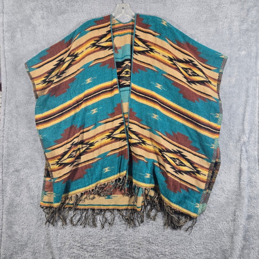Southwestern Geometric Fringe Poncho Teal Rust Open Front Woven Wrap One‎ Size